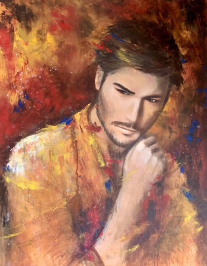 Homme se tenant le menton. Peinture contemporaine dans les tons oranges .