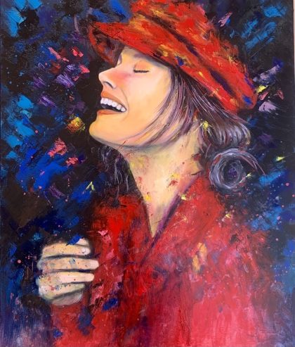 Peinture représentant une femme de profil en train de rire aux éclats; ses vêtements sont rouges sur un fond sombre bleu nuit; Touches de couleurs multicolores.