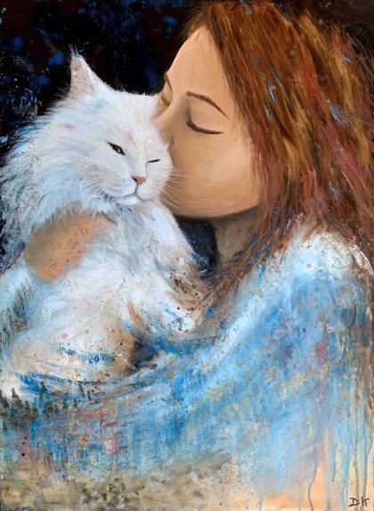 Femme faisant un câlin à un chat blanc. Peinture à l'huile colorée et moderne