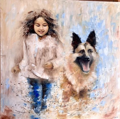 Peinture à l'huile réalisée au couteau représentant une fillette courant avec un berger allemand. Tons beiges et bleus ciel.