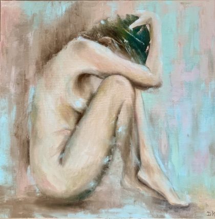 Peinture sur toile d'une femme nue recroquevillée. Tons pastels