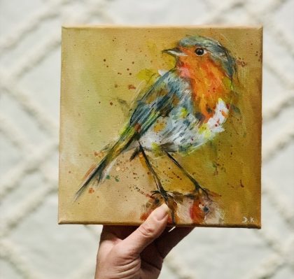 Peinture originale d'un rouge-gorge aux couleurs lumineuses, réalisée à l'acrylique sur toile 20 x 20 cm par l'artiste Deborah Kerner