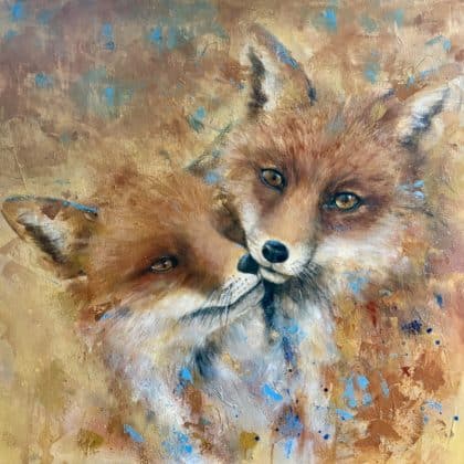 Peinture contemporaine représentant deux renards dans des tons chauds et bleus – Ce qui nous relie, Deborah Kerner