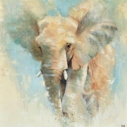 Peinture à l’huile contemporaine représentant un éléphant dans des tons bleu turquoise, beige et naturels, format 50 x 50 cm