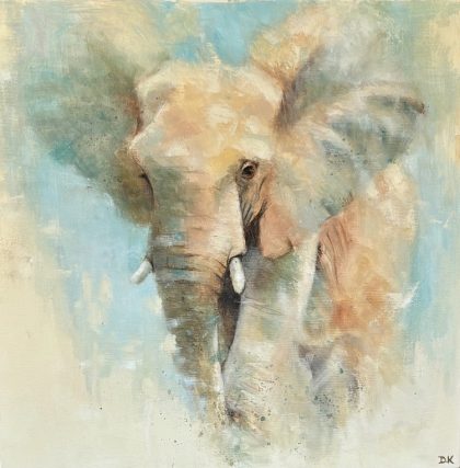 Peinture à l’huile contemporaine représentant un éléphant dans des tons bleu turquoise, beige et naturels, format 50 x 50 cm