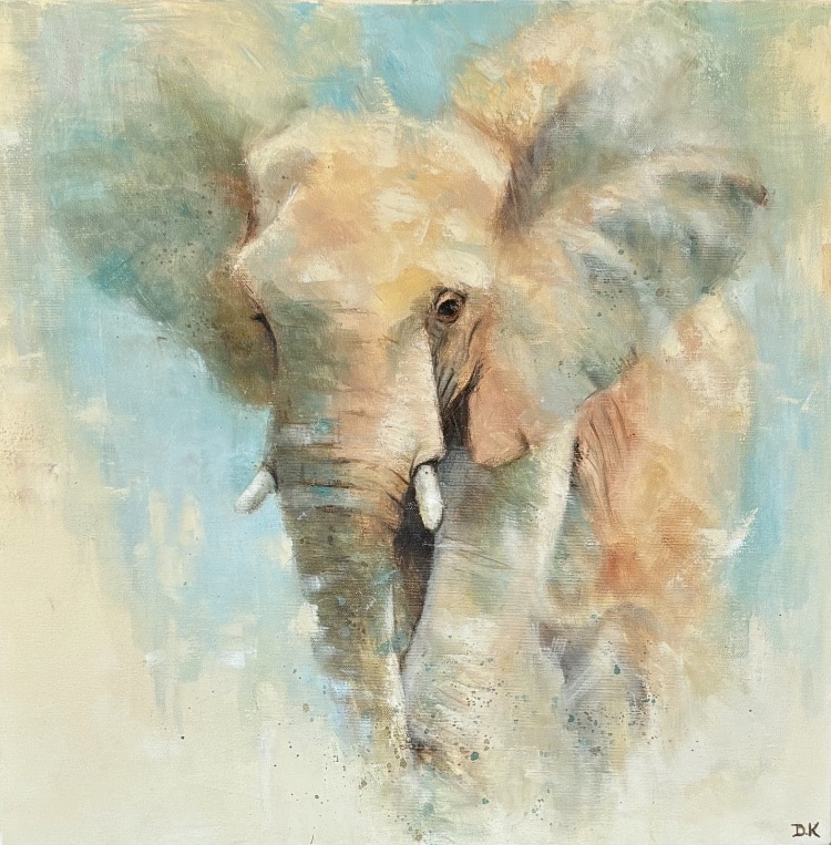 Peinture à l’huile contemporaine représentant un éléphant dans des tons bleu turquoise, beige et naturels, format 50 x 50 cm