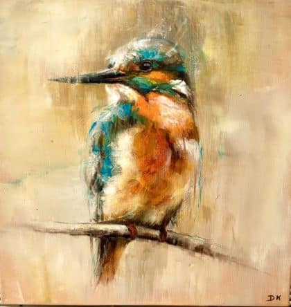 Peinture à l’huile originale représentant un martin-pêcheur aux plumages orange et turquoise sur une branche, sur fond beige et ocre, par Deborah Kerner. Tableau carré de 30 × 30 cm.